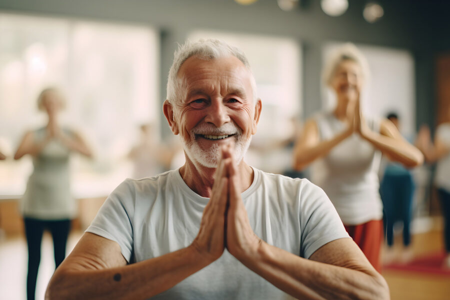 Older adult male in yoga class